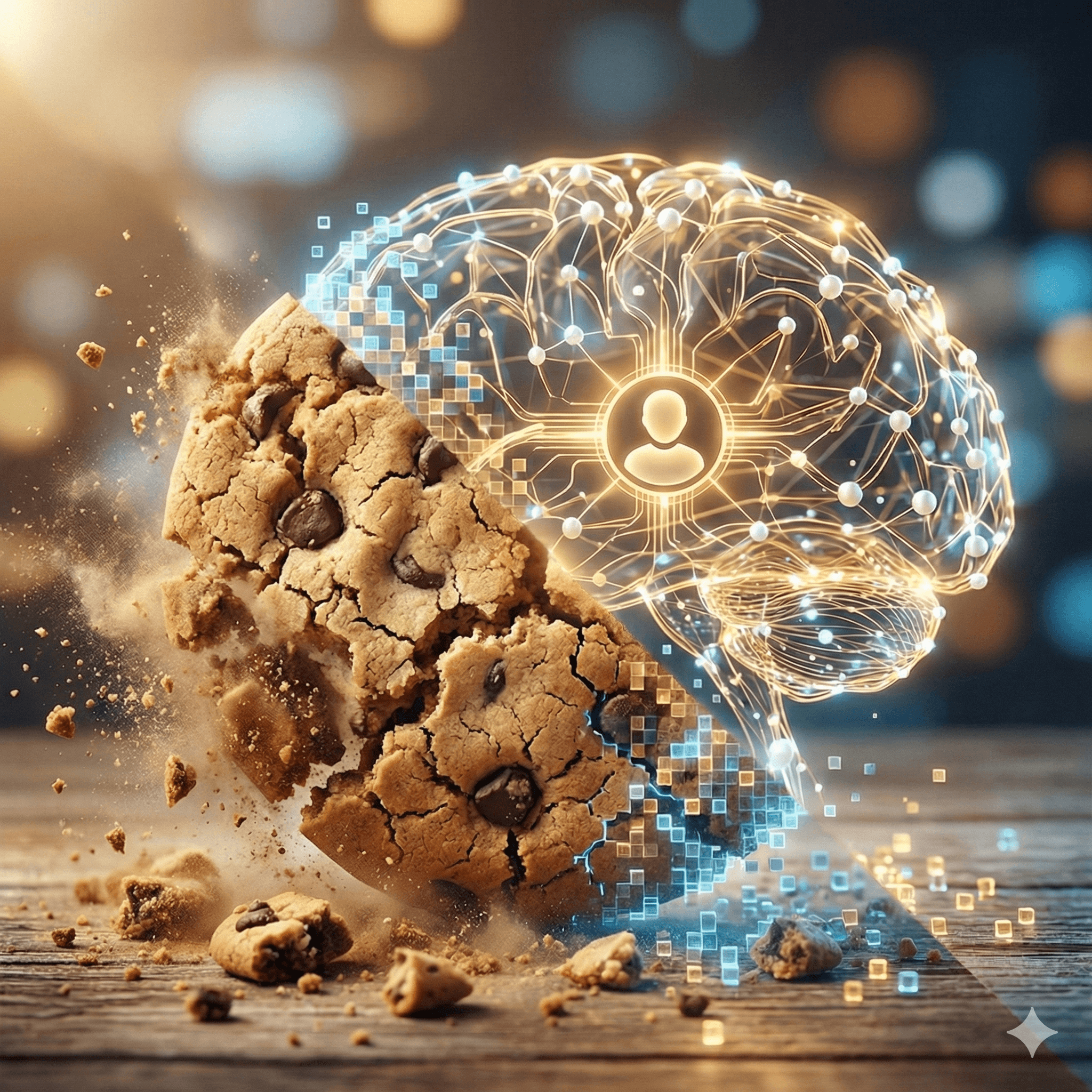 A split-screen illustration: one side shows a crumbling web cookie, the other shows a glowing digital brain network connecting to a user's profile